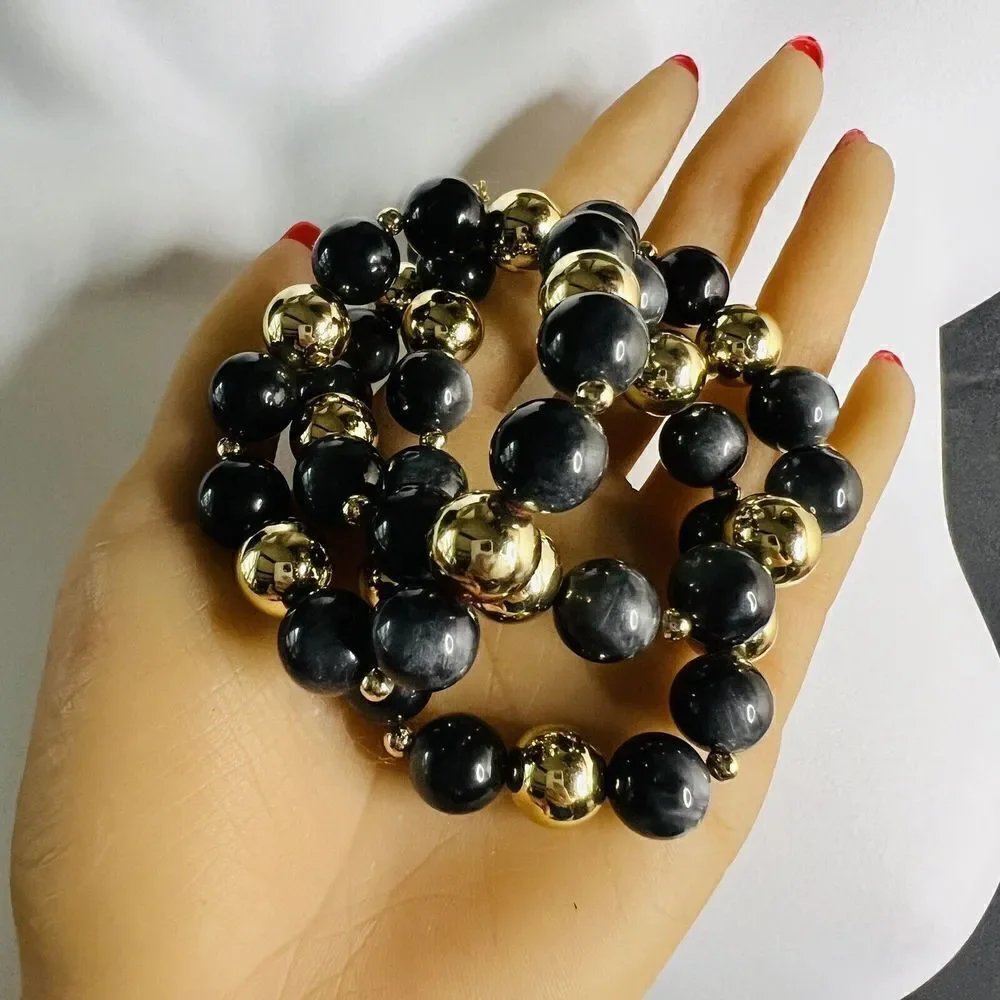 Vintage Black Gold Tone Lucite Statement Beaded Beads Pretty Necklace 1074